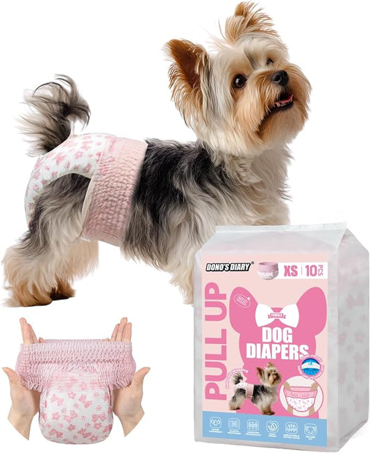 Dono Disposable Pull It Up Female Dog Diapers, 360° Stretchy Waist Puppy Diapers, Super-Absorbent Doggie Diapers with Rapid-Dry Technology Leak-Proof Design for Doggy in Heat Period, XS 40 Pcs