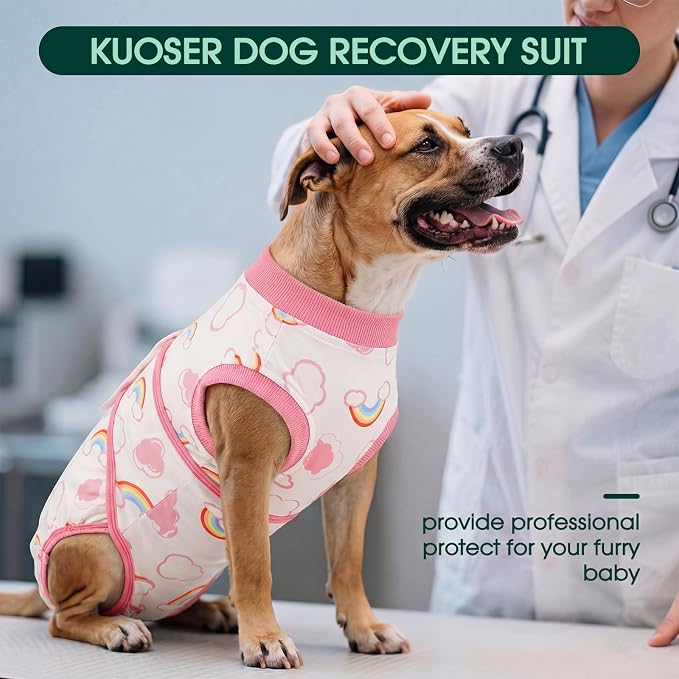 Kuoser Dog Surgery Recovery Suit, Soft Breathable Dog Recovery Suit for Female Spay Male Nueuter, Anti Licking Puppy Onesie Pet Surgical Suit for Dogs Abdominal Wounds Skin Disease, Rainbow L