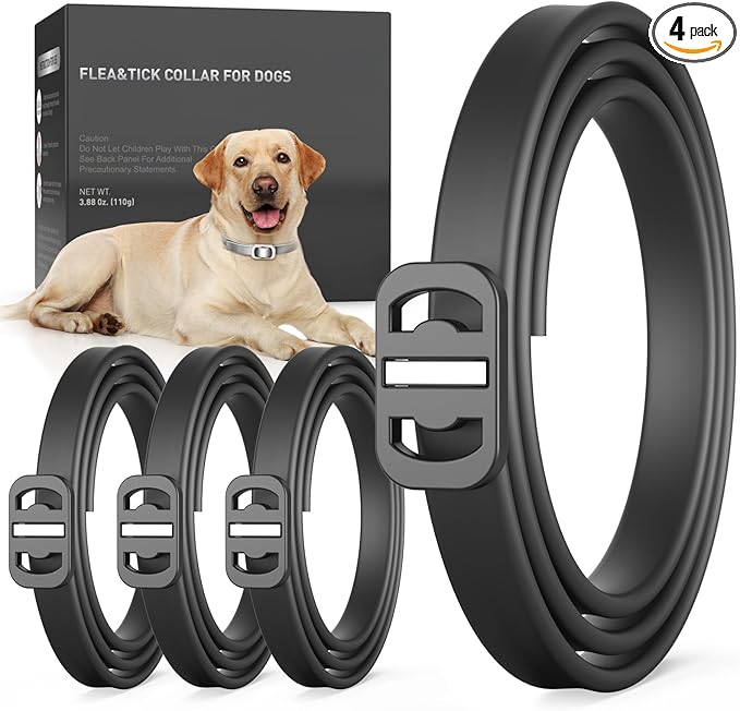 4 Pack Flea Collar for Dogs, Flea and Tick, Dog Flea Collar with Natural Essential Oils, Adjustable Size for All Ages of Dogs, Black
