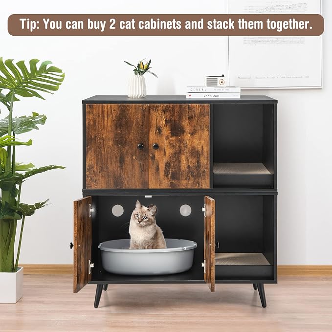 Tangkula Cat Litter Box Enclosure, Cat Washroom W/Divider, Scratching Pad, Metal Leg, Enclosed Cat Box Cabinet Pet House W/Double Doors, Litter Box Furniture Hidden for Large Cat (Rustic Brown)