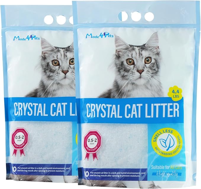 Made4Pets Cat Litter Crystals, Non Clumping Cat Litter Odor Control Kitty Litter Non Clumping No scooping Low Dust, Low Tracking, Lightweight, Dehydrates Waste– 8.6 lbs (2 x 4.3 lb Packs)