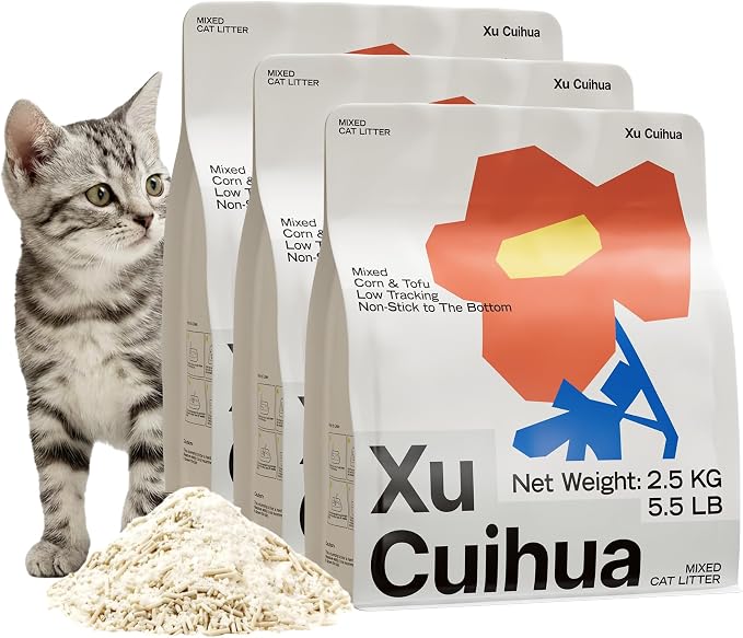 XuCuiHua Tofu Mix Cat Litter, Plant-Based, Strong Clumping Litter, Odor Control, Easy Scooping, Clumps Lift Cleanly, Low Dust, Corn & Cassava Litter, 5.5 LB x 3 Bags