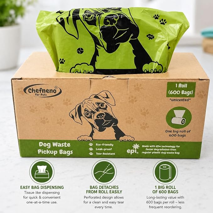 Dog Poop Biodegradable Bags One Biig Roll (600 ct.) Eco-friendly Doggy Poop Bags Pet Waste Pickup Bag Degradable Cat Waste Disposal Bags (1 Roll, 600 Bags)