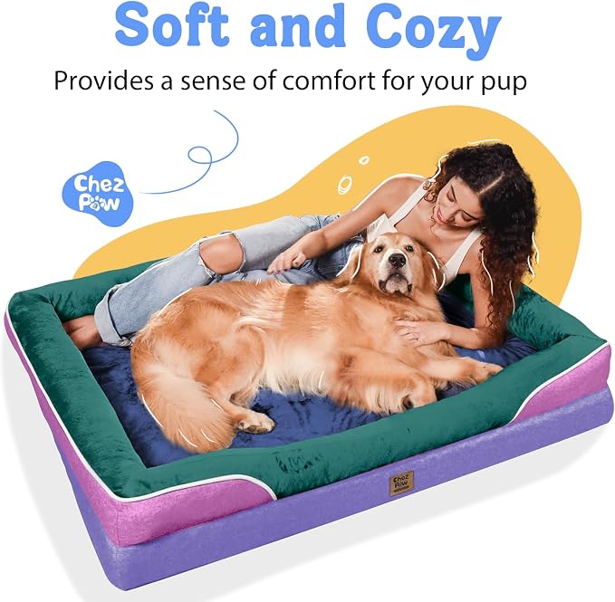 Chez Paw XXL Orthopedic Dog Bed for Extra Large Dogs, Extra Thick Egg-Crate Foam Waterproof Pet Couch with Removable Washable Cover, 4-Sided Bolster & Non-Slip Bottom, Sage Lavender 45"x35"x7.5"