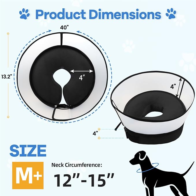 2-in-1 Inflatable Dog Cone Collar with Detachable Anti-Licking Shield, Soft Adjustable Elizabethan Collar for Dogs After Surgery (M+, Black)