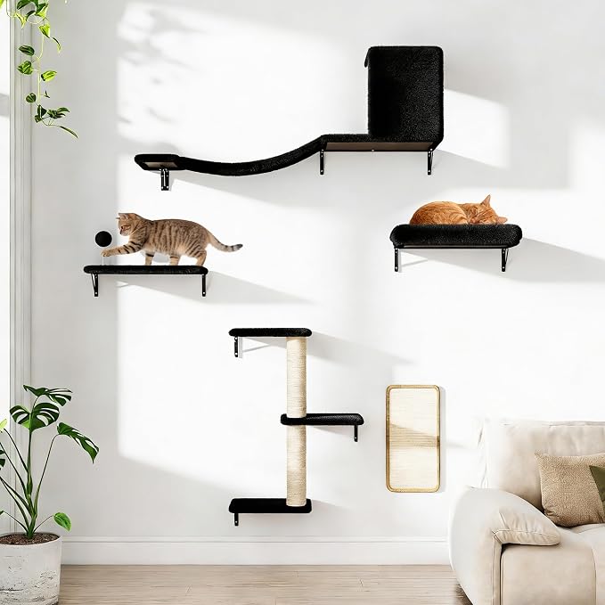 COZIWOW 5-Piece Cat Tree Set with Wall Mounted Cat Shelves, Cat Scratching Post & Cat Wall Furniture, Multi-Functional Indoor Cat Jungle Gym, Essential for Cat Room, Suitable for Large Cats (Black)