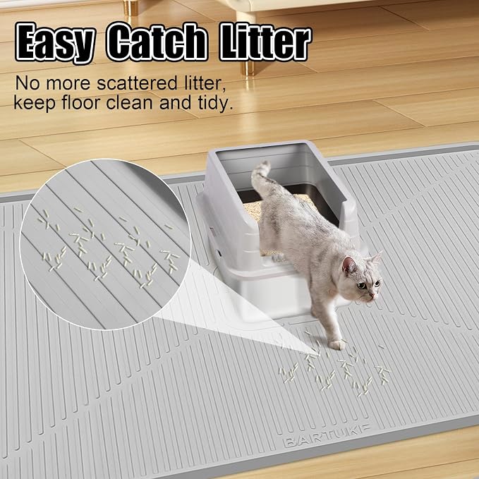 Silicone Cat Litter Mat, 45" x 30" Extra Large Litter Trapping Mat for Litter Box, Leak-Proof, Non-Slip, Kitty Litter Mats with Soft Texture for Floor, Keeping The Floor Clean (Light Grey)