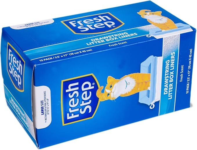 Fresh Step Drawstring Cat Litter Box Liners Scented Heavy Duty Kitty Litter Bags Large Oval or Rectangle Pans Contains Odor and Mess Easy Lift Out Cleanup 30 x 17 IN 15 Count 12 Pack