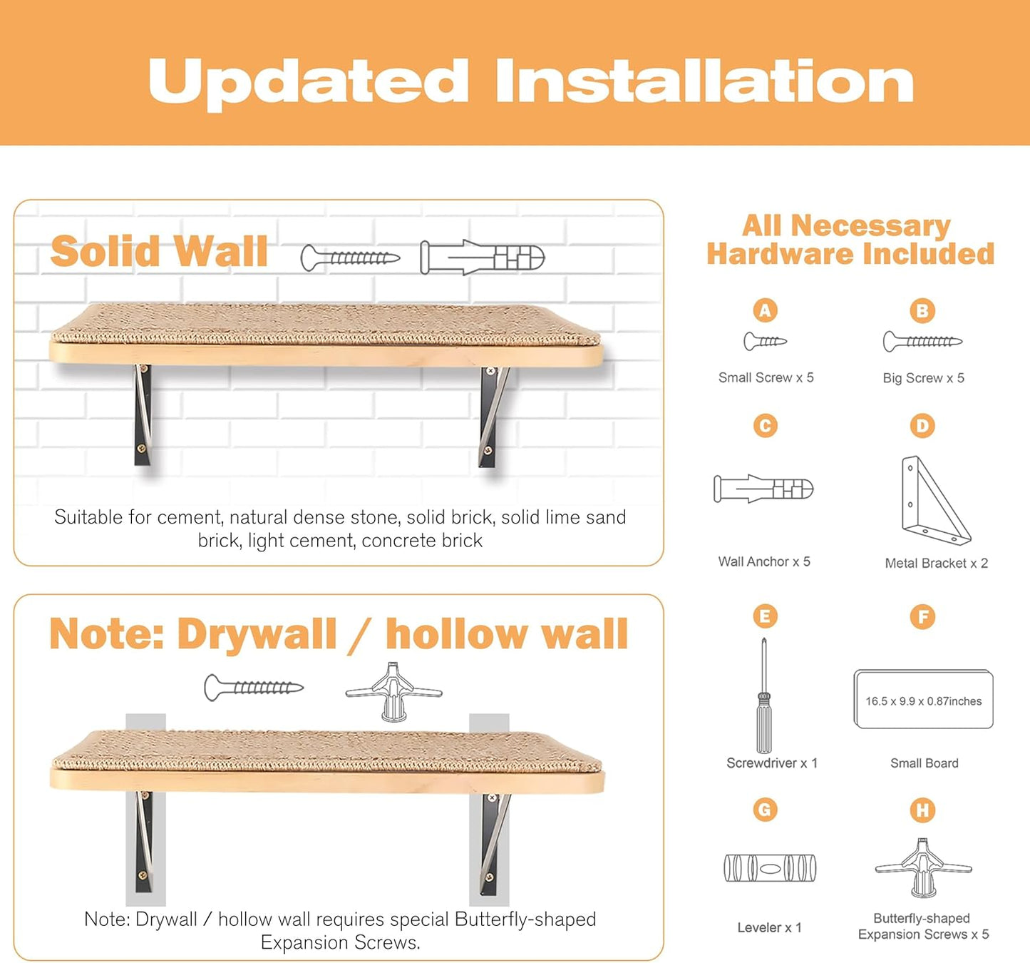 2PCS Cat Wall Shelves with Scratching Mat, 16.6x9.7 Inch Large Cat Wall Hammock Cats Furniture Shelf Window Perch Wall Mounted Beds for Household Pets Sleeping, Playing, Climbing