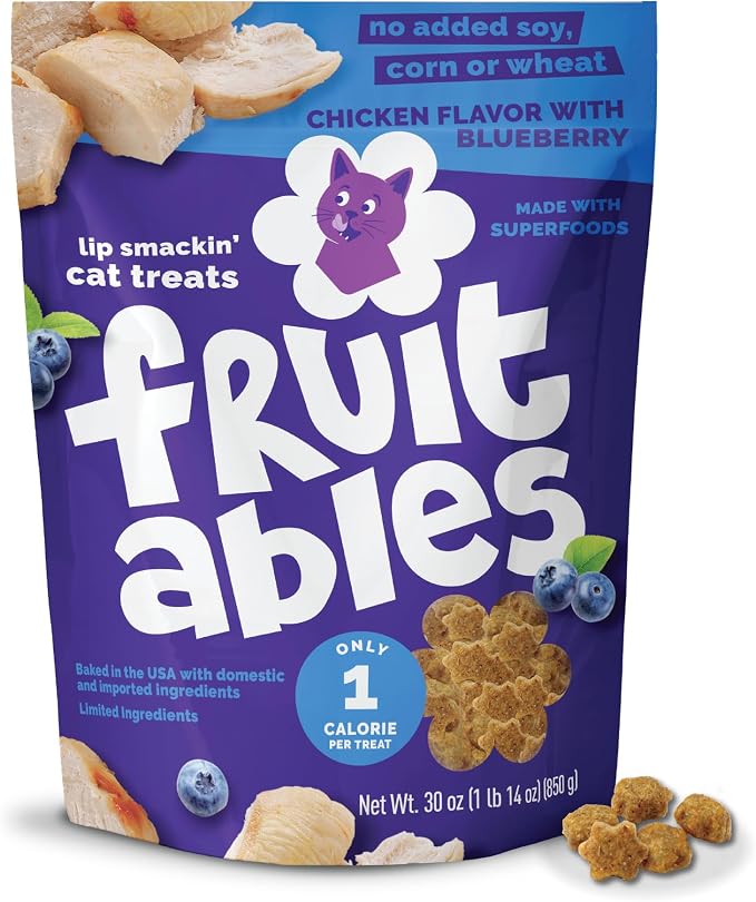 Fruitables Cat Treats, Healthy Treats for Cats, Low Calorie and Packed with Protein, Crunchy Biscuits, No Wheat, Corn or Soy, Made with Real Chicken and Blueberry, 30oz