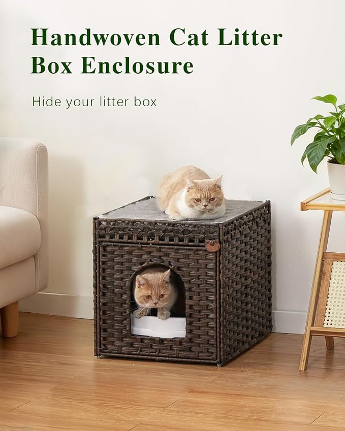 SETVSON Cat Litter Box Enclosure Furniture with One Cat Bed Pad, Rattan Hidden Litter Box Handwoven Cat House with Two S-Shaped Hooks for Living Room, Bedroom, 18.5 x 20.5 x 19.1 Inch,Brown