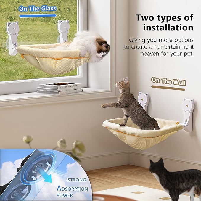JUNSPOW Cat Window Perch Cordless, Foldable & Stable Cat Beds- Breathable Cat Window Hammock for Overlooking, Sunbathing and Climbing - Maximum Hold Up to 40lb(Cream)
