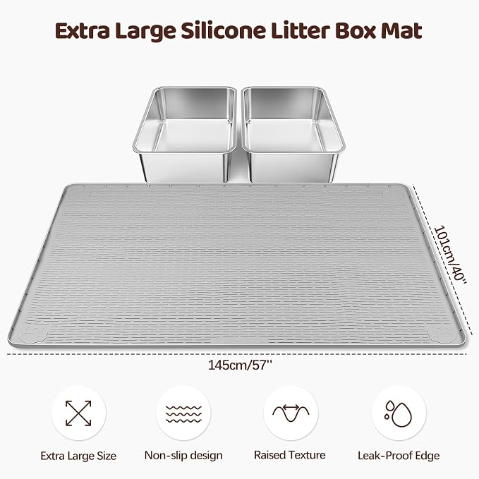 Cat Litter Mat, XL Extra Large 57" x 40" Silicone Mat Litter Trapping Mat for Scatter Control, Soft on Kitty Paws, Easy to Clean (Light Grey)
