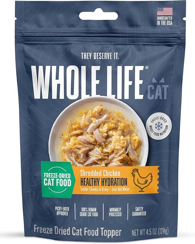 Whole Life Cat Freeze Dried Cat Food - Human-Grade Wet Food Toppers, Snacks & Lickable Treats, Instantly Hydrating Natural Broth Just Add Water - Shredded Chicken, 4.5 Oz