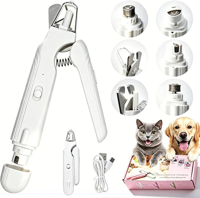 2-in-1 Dog Nail Grinder & Dog Nail Clippers Trimmers for Large Medium Small Dogs Cats Pets Claw Trimmer with LED Lights (White)