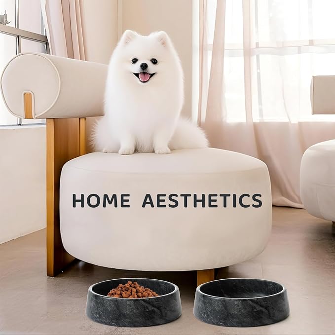 SAMAH Black Marble Dog Bowl, Non-Slip Non-Tipping Heavy Dog Food Bowl, Large Weighted Stone Dish, Natural Marble Pet Water Bowl, Easy to Clean, Present for Cat & Dog Lovers, Holds 6 Cups(6 lbs)