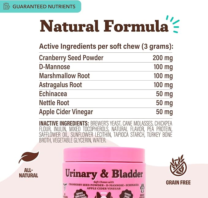 Natural Dog Company Urinary & Bladder Supplement for Dogs – Cranberry & D-Mannose, Marshmallow Root & Astragalus Soft Chews, Supports Urinary Tract Health, Bladder Function & Normal Urine Flow, 90 Ct