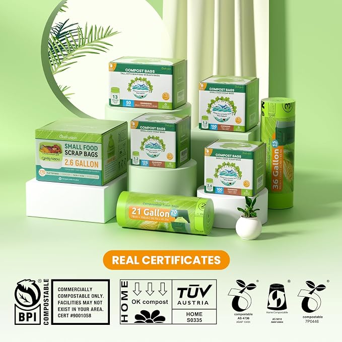 GreFusion Compostable Bags 1.2 Gallon,125 Count, Fits 0.75,1,1.2,1.3,1.6,1.8 Gallon Countertop Bin, Small compost bags, Certified by BPI, ASTM D6400 and OK Compost