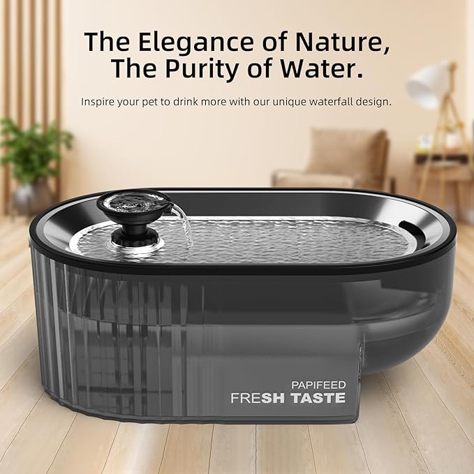 PAPIFEED Cat Water Fountain Stainless Steel with a Silicone Mat, 84oz/2.5L Automatic Pet Fountain with Water Level Window and LED Light, Quiet Low Power Cat Water Bowl & Cat Water Dispenser(Black)