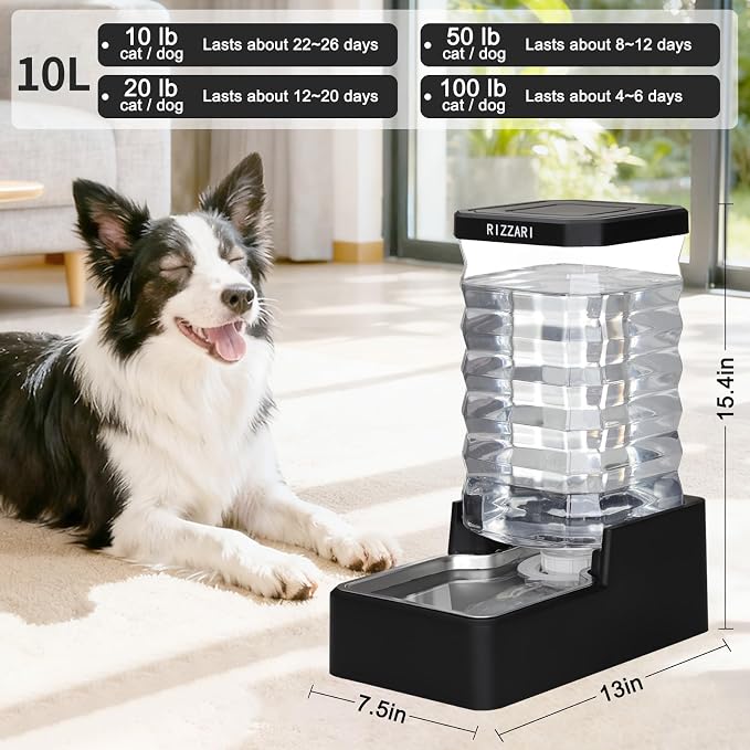RIZZARI 10L Filtered Dog Water Dispenser, Gravity Automatic Pet Water Bowl with Replaceable Filter, Large Capacity Waterer for Large Dogs, Multiple Pets & Indoor Daily Hydration