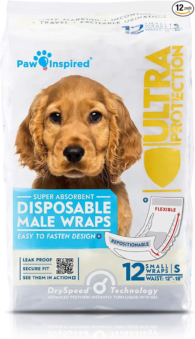 Paw Inspired Disposable Male Dog Wraps, Belly Band for Dogs | Disposable Dog Diapers | Belly Bands for Male Dogs (12 Count, Small)