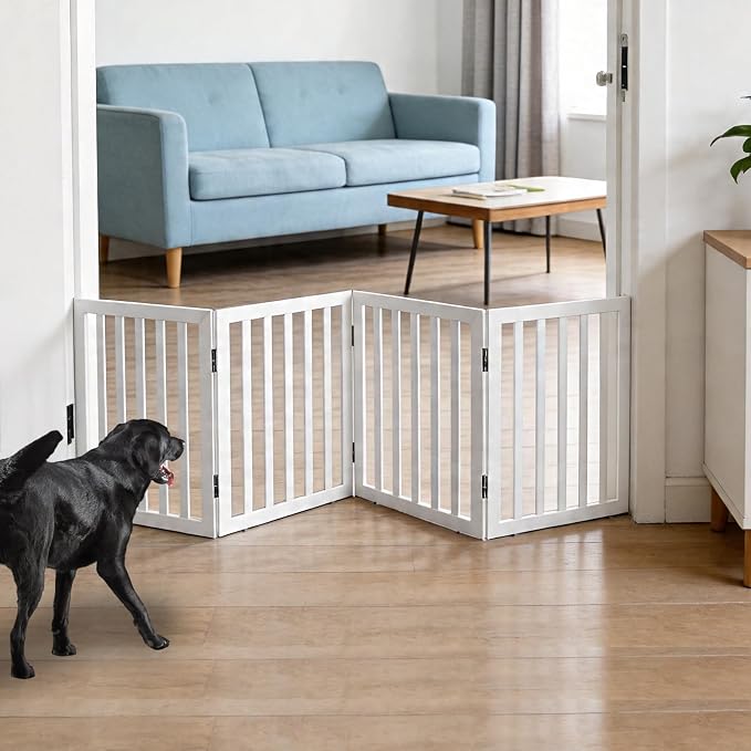 Dog Gate Indoor, Freestanding Dog Fence for The House, Doorways, Hallways,or Stairs,Pet Gate Foldable Wooden,Expandable 24" Height 4 Panels,White