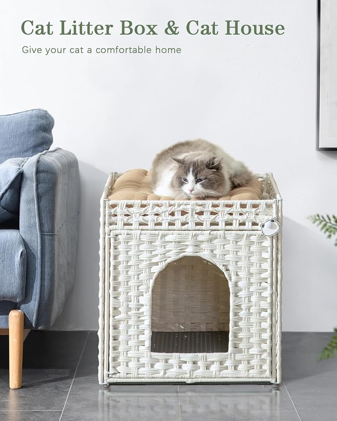 SETVSON Cat Litter Box Enclosure Furniture, Hidden Litter Box with Mat and Fence, Handwoven Rattan Cat House with Two S-Shaped Hooks for Living Room, Bedroom, 18.5 x 20.5 x 19.1 Inches (White