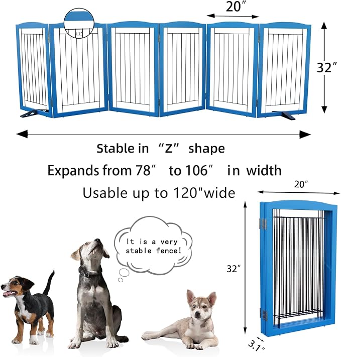 ZJSF Freestanding Dog Fence Indoor, Foldable Dog Gate for Doorways, Stairs or Hallways, Sturdy Wood Extra Wide Pet Gate with Support Feet for The House, Blue, 32 "Height-6 Panels