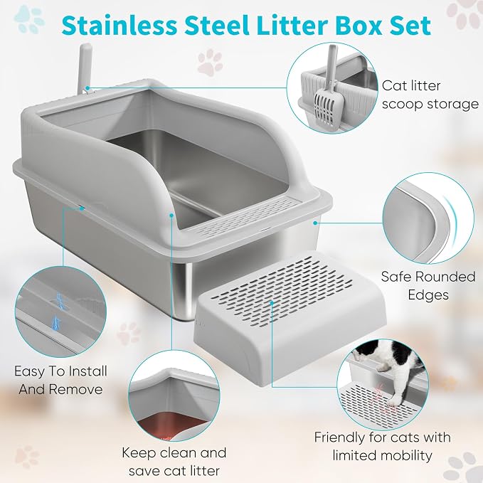 Stainless Steel Litter Boxes with Lid High Sides & Step, XXL Extra Large Metal Litter Boxes for Small & Elderly Cats, Friendly Cat Joints, Odor Free Litter Pan, Leak-Proo, Easy to Clean, Non-Sticky