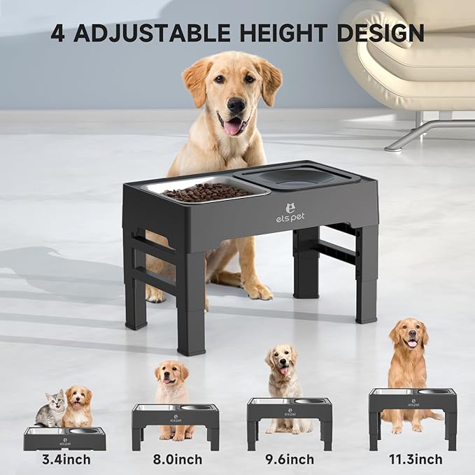 ELS PET Elevated Dog Bowls, Adjustable Raised Dog Bowls with No Spill Dog Water Bowl and Stainless Steel Feeder, Sturdy Non-Tip, Joint-Friendly Removable Bowls for Small Medium Large Dog, Cat & Pet