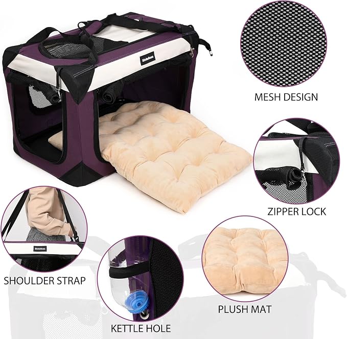 Large Cat Carrier, Collapsible Dog Travel Crate Portable Soft-Sided Pet Carrier with Super Soft Warm Plush Mat for Indoor and Outdoor 20x14x14in,Purple