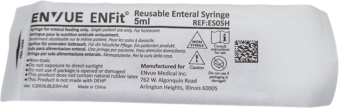 Envue ENFit 5mL Reusable O-Ring bFed Syringe for Tube Feeding, 25-Pack, Purple Plunger