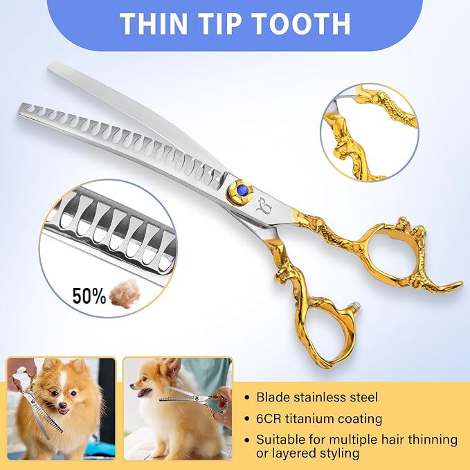 Dog Grooming Scissors,Dragon Curved Chunkers Shears and Curved Thinning Shears Deg Grooming with Safety Round Tips, Sharp and Comfortable 4 in 1 Dog Scissers for Grooming