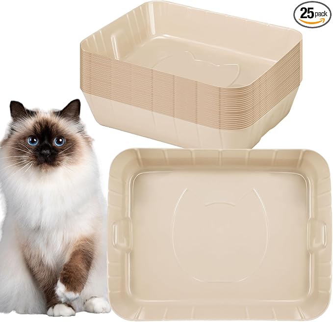 Bokon 25 Count Disposable Litter Box for Cat, Large Disposable Litter Tray for Travel Home Durable Portable Plastic Kitty Litters Boxes Leak-Resistant Easy-Grip Rim, 15.7 x 11.8 x 3 Inches(Beige)
