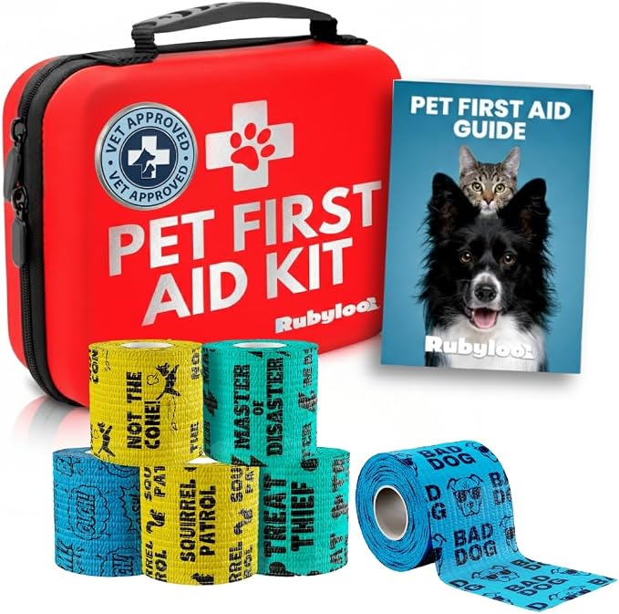 Rubyloo Vet Approved Essential Pet First Aid Kit Supplies to Treat Dogs & Cats in an Emergency with Boy’s 6 Pack of 2 Funny Vet Wrap Bandages for Home, Camping, Car, RV
