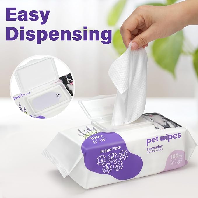 Prime Pets Dog Wipes for Paws and Butt, 100 Count, 8" x 8" Hypoallergenic Pet Wipes for Dogs Cats Cleaning Deodorizing, Lavender Scented, Thick Puppy Wipes for Ears, Eyes, Body and Teeth