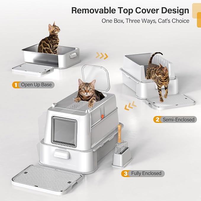 HEGGCOOE Enclosed Stainless Steel Cat Litter Box with Lid，XL Large Metal Cat Box with Drawer for Big Cats,Top Exit Kitty Litter Box Includes Scoop, Filter Pedal,Odor Control, Easy Cleaning