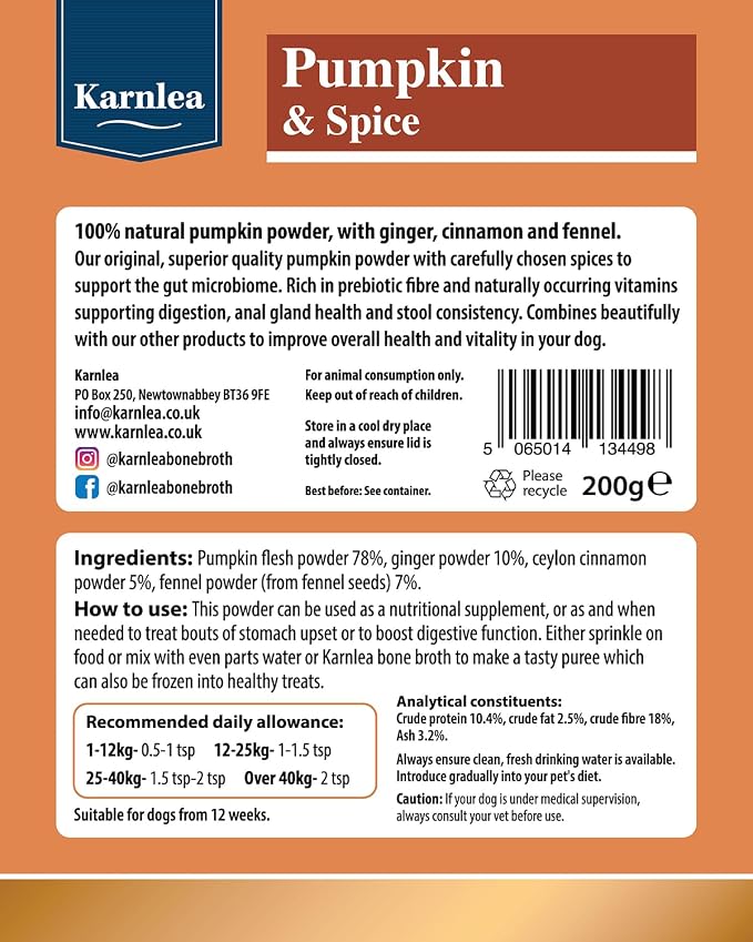 Pumpkin Spice Whole Food Supplement Topper for Dogs 200g (2 Pack) | Pumpkins Powder with Added Gut Healthy Spices | Pumpkin Spices| Fibre Rich, Prebiotic, Anal Gland Health| Scooting (200g)