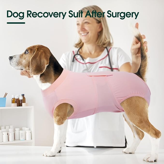Kuoser Dog Recovery Suit for Dogs After Surgery, Soft Dog Surgical Onesie for Female Male Dogs Spay Neuter, Anti-Licking Pet Bodysuit for Abdominal Wounds, Skin Disease, E-Collar Alternative, Pink 2XL