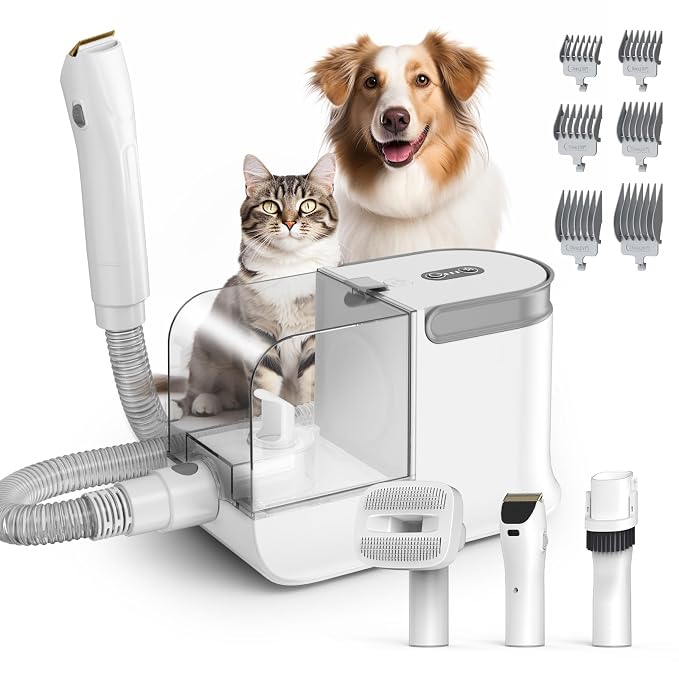 Dog Grooming Kit, 3 Suction Modes Dog Brush Vacuum with 6 Pet Grooming Tools (Eggshell)