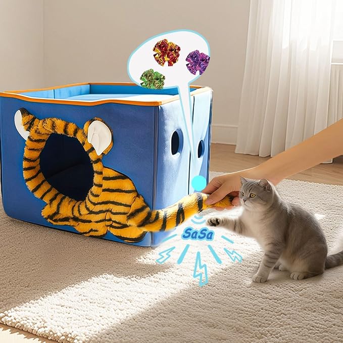 CWV Interactive Cat Toys for Indoor Cats, Kitten Toys with Scratch Pad， Cat Hideaway with Peekaboo Holes, Tiger Cat House Cave with Soft Pillow