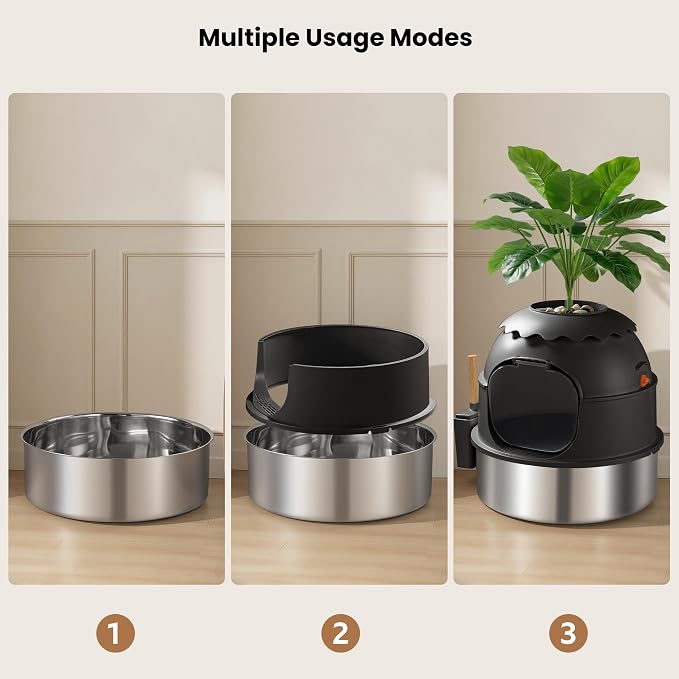 Hidden Litter Box, Stainless Steel Litter Box with Faux Plant Decor, Litter Box Enclosure with Clear Front Door, Includes Scoop & Litter Mat, Odor Control, Easy to Clean (Black)