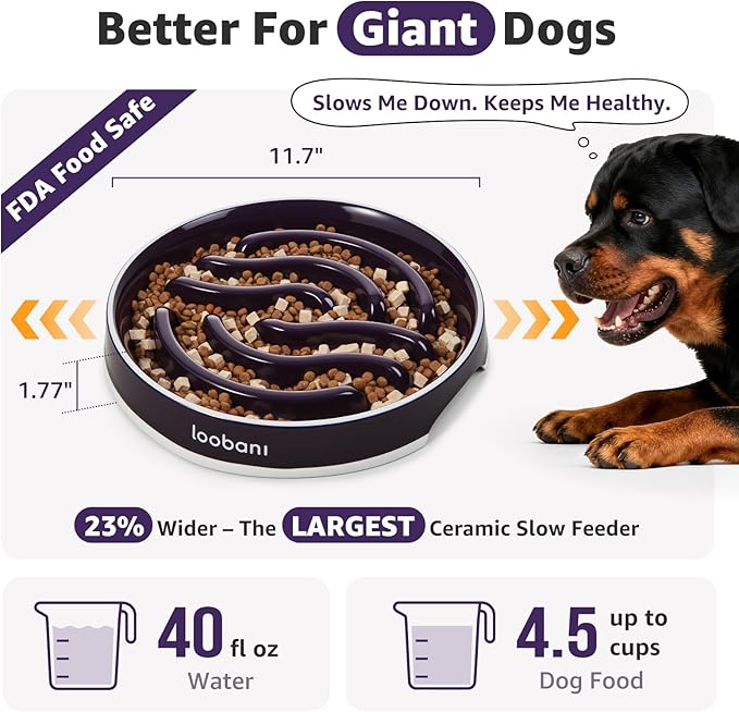 LOOBANI Ceramic Slow Feeder Dog Bowls - 4.5 Cups Slow Feeder Dog Bowls for Large Giant Dogs, Slow Feeding Easy-Grip Handles, Perfect for Fast Eaters Saint Bernards & Mastiffs (XL, Purple)
