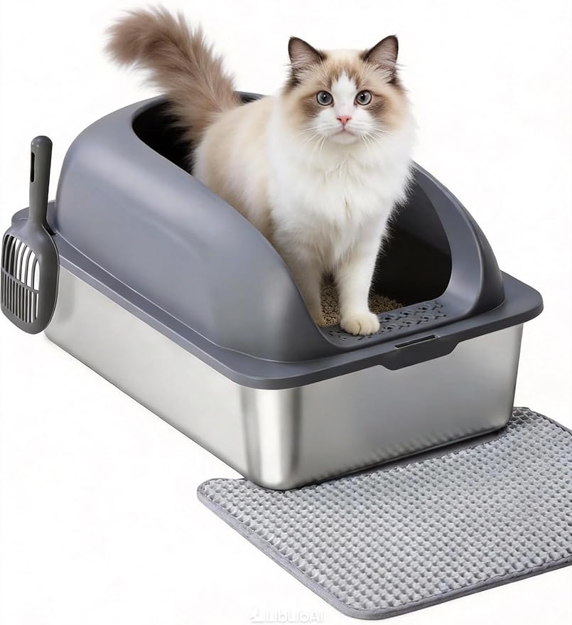 Simple Deluxe XL Stainless Steel Cat Litter Box with Lid, High Sided Metal Litter Pan for Large Cats, Urine-Proof Non-Stick & Easy to Clean, Dark Gray