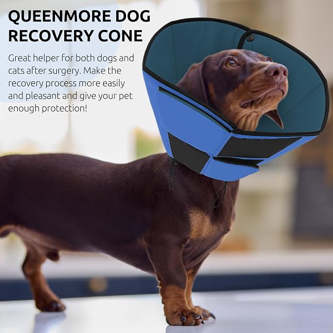 Queenmore Dog Cones for Medium Dogs, Soft Dog Cone Collar After Surgery, Pet Cone for Dogs Wound Care, Spay, Neuter, Breathable Pet Surgery Collars & Cones, Blue M