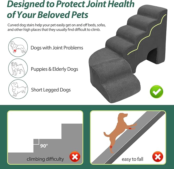 Dog Stairs for High Bed 28-32 Inches Tall, 6 Tier Non-Slip Pet Stairs Adjust to Left Side of Bed, Dog Steps for Small Dogs, Old Pets, and Injured Dogs, Dark Gray