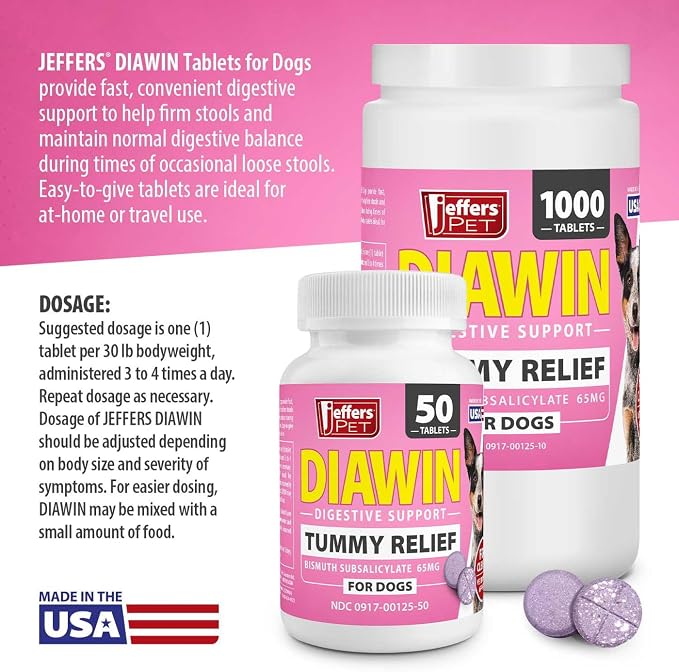 Jeffers Pet Diawin Dog Digestive Support Tablets, Veterinary Formulated, Bismuth Tummy Relief for Diarrhea for Dogs, Stool Firming, Gut Health, Made in USA - 1000 Tablets