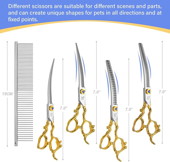 Dog Grooming Scissors,Dragon Curved Chunkers Shears and Curved Thinning Shears Deg Grooming with Safety Round Tips, Sharp and Comfortable 4 in 1 Dog Scissers for Grooming