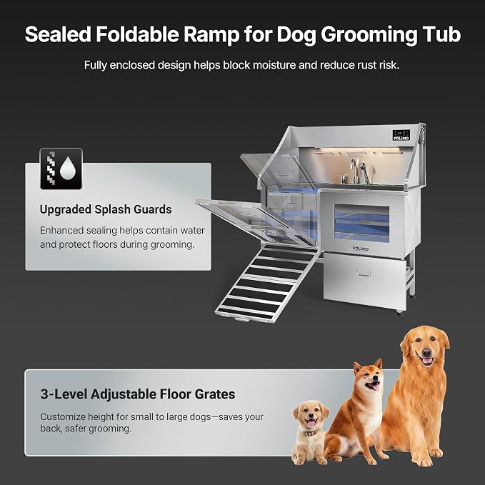 POLIMO Dog Washing Station with Built-in Pet Dryer and LED Display 50" (Left Ramp), 304 Stainless Steel Dog Bathtub for Large Medium Small Dogs, Wash and Dry Grooming Tub with Faucet, Storage Drawer