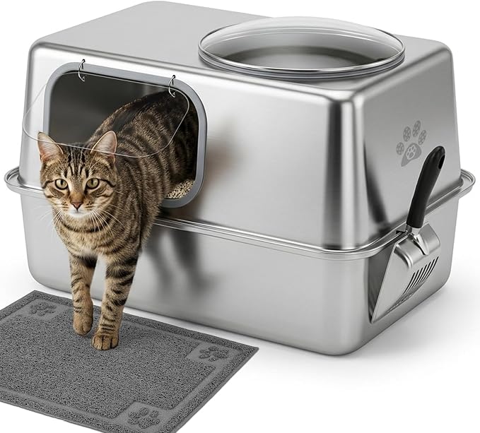 Ptlom Enclosed Stainless Steel Cat Litter Box with Lid, Extra Large Metal Litter Box, Leak-Proof High Sided Covered Litter Box for Kitties & Multi Cats, Non-Stick, Includes Litter Mat & Scoop